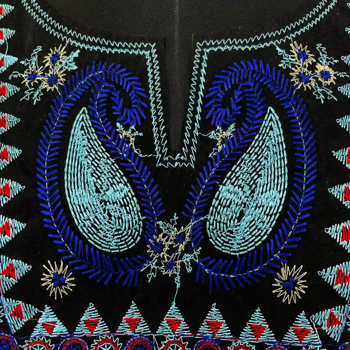 Multicolor embroidered round neckline by Ani Accessories featuring detailed craftsmanship and rich colors.