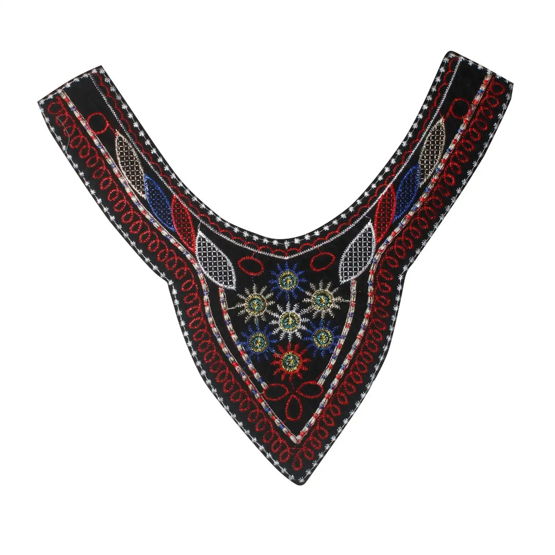 Multicolor embroidery round neckline yoke with detailed threadwork and smooth curves, perfect for ethnic dresses