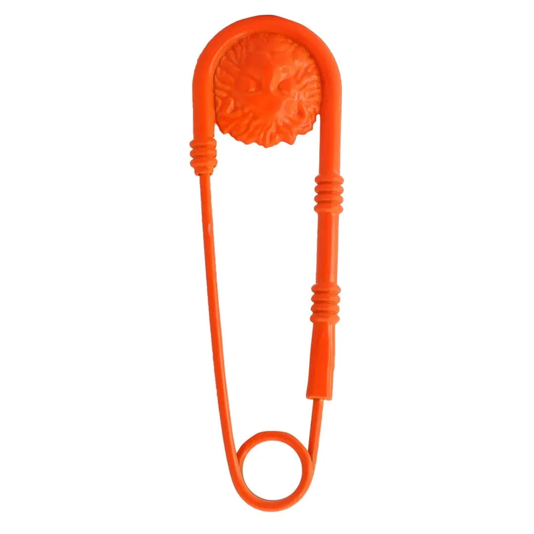 Orange lion-head safety pin brooch by Ani Accessories, vibrant statement pin for creative fashion looks.