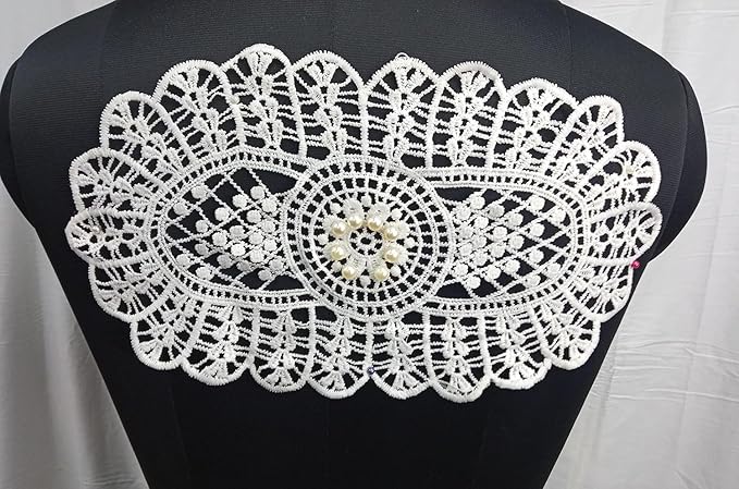 Oval floral pearl neckline with detailed embroidery and soft shimmer, dyeable sew-on applique ideal for dresses and blouses