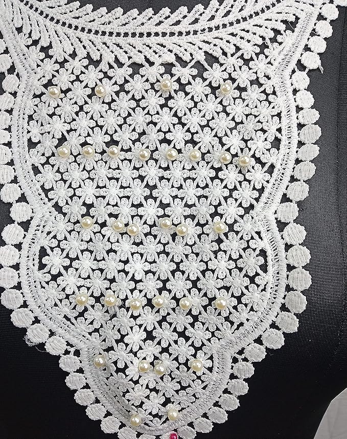 Premium intricate openwork floral neckline by Ani Accessories on women’s apparel, highlighting detailed design and style.