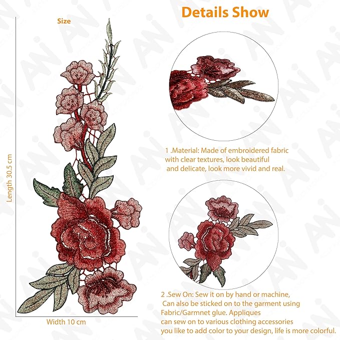 Rose Flower Patch by Ani Accessories, infographic showing size and dimensions, detailed floral applique for fashion and DIY use