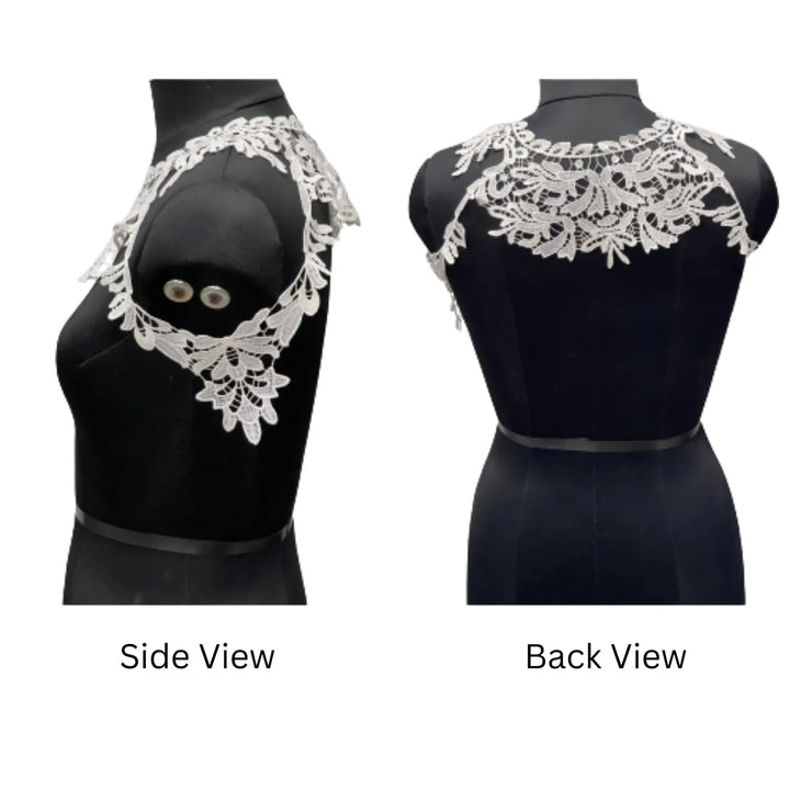 Round sew-on neckline by Ani Accessories displayed on mannequin showing design details and styling for women’s dresses and shirts