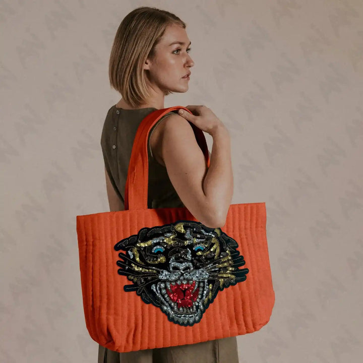 Sequins Tiger Patch by Ani Accessories on bag, detailed applique enhancing fashion accessories, clothing, and DIY projects