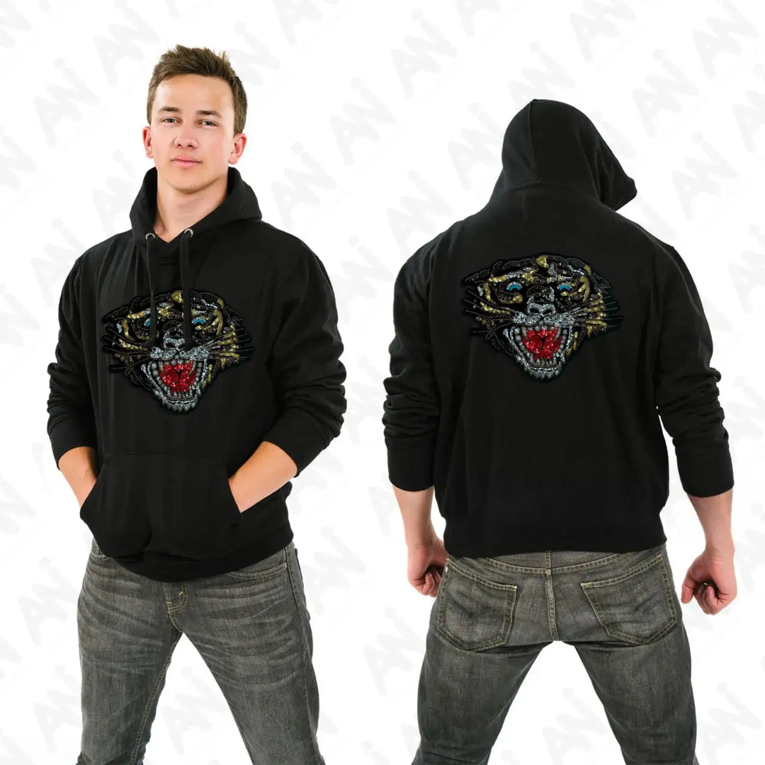 Sequins Tiger Patch by Ani Accessories on hoodie, detailed applique enhancing jackets, hoodies, bags, and DIY fashion projects