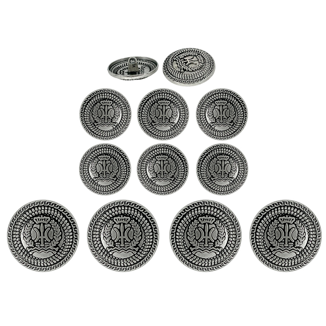 Set of 10 antique silver metal buttons by Ani Accessories—ideal for creating distinctive fashion accents and custom designs.