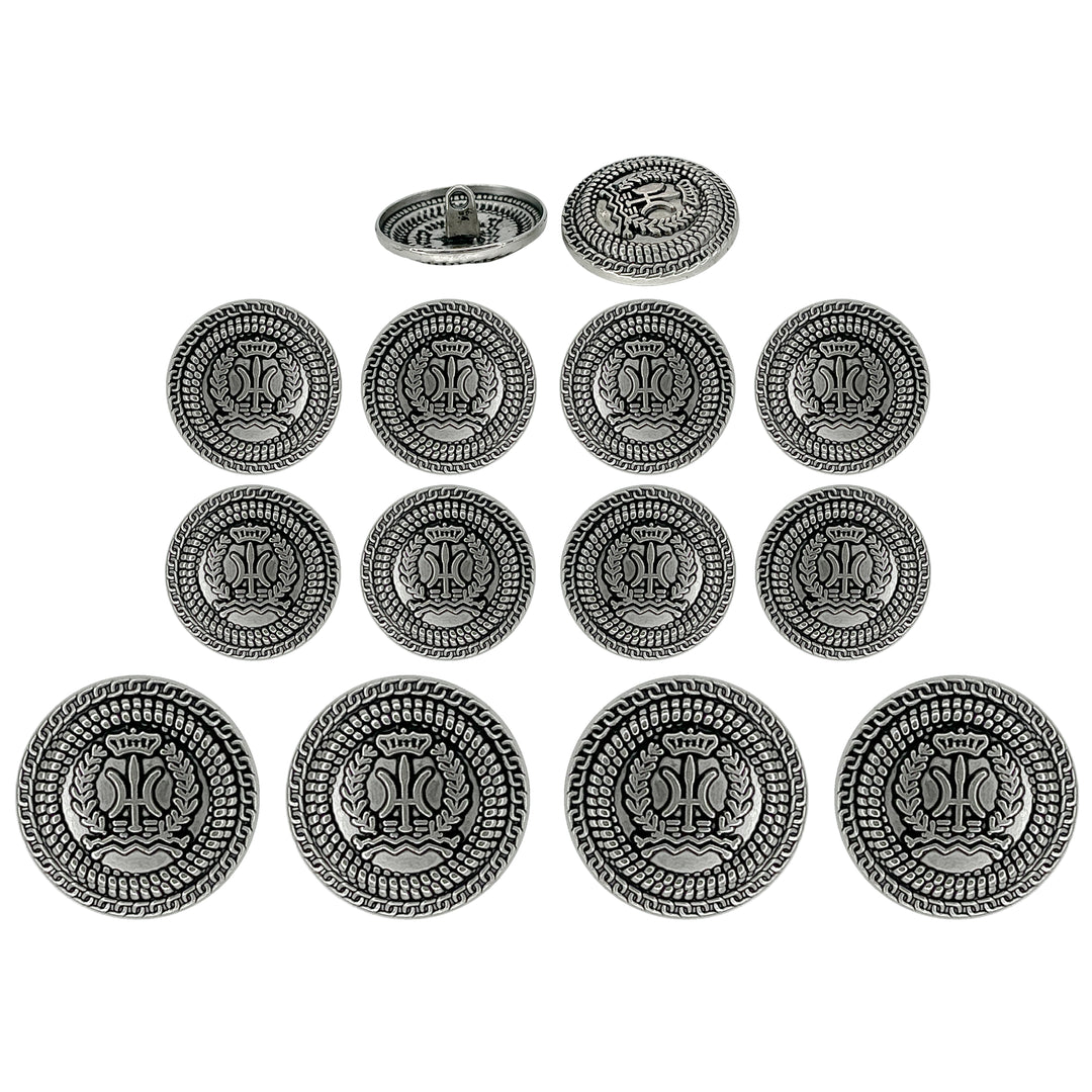Set of 12 antique silver metal buttons by Ani Accessories, perfect for adding elegance to custom fashion and accessories