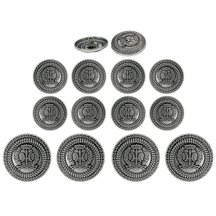 Set of 12 antique silver metal buttons by Ani Accessories, perfect for adding elegance to custom fashion and accessories
