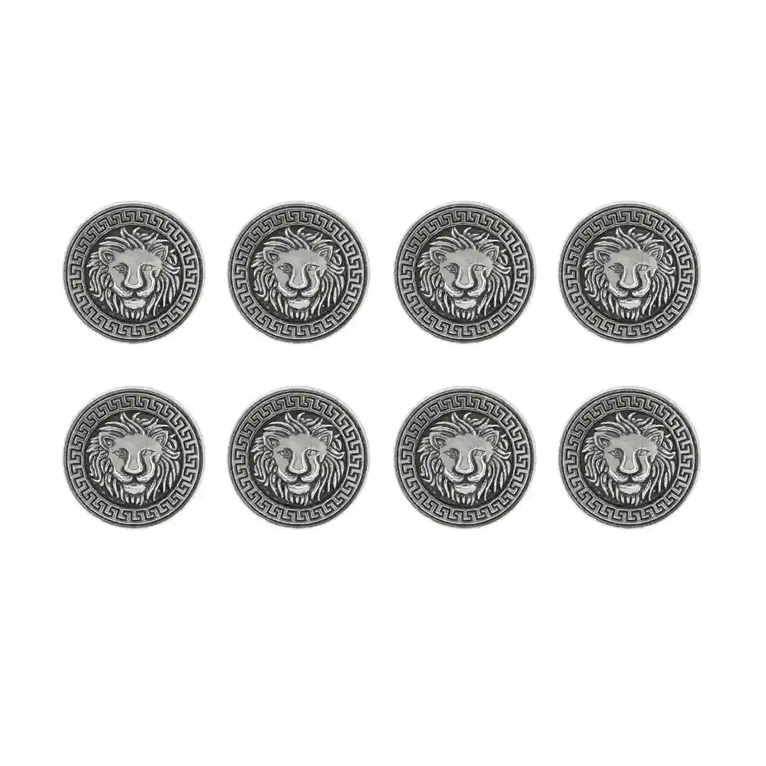 Set of 8 antique silver metal buttons by Ani Accessories comes with a lion face design with Greek-inspired border style. 
