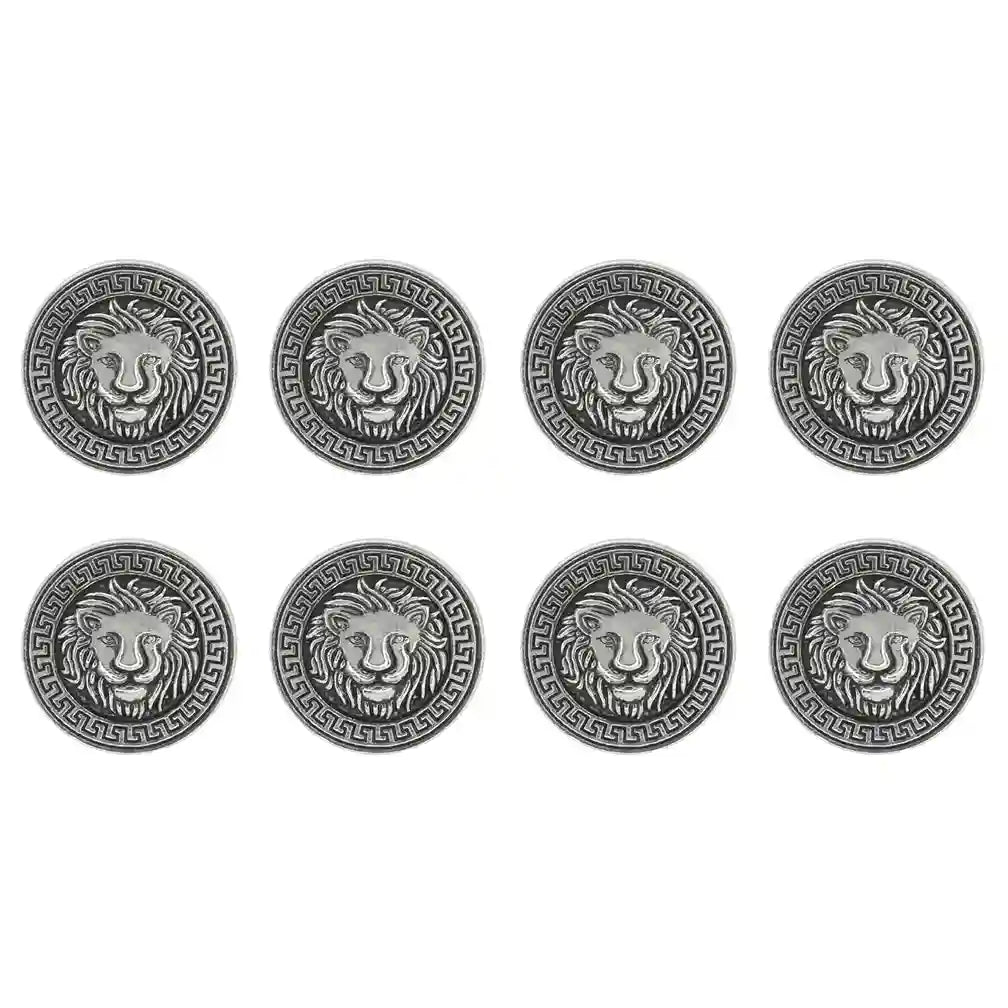 Greek-inspired lion face buttons have an antique silver color, perfect for upgrading coats, suits, trench coats, and dresses.