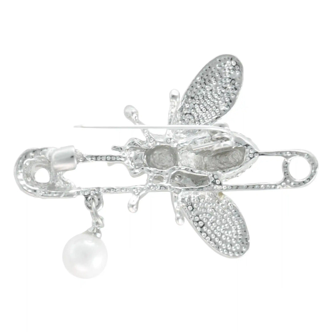Ani Accessories silver insect-style pearl safety pin brooch backside on white background, perfect for parties & weddings.