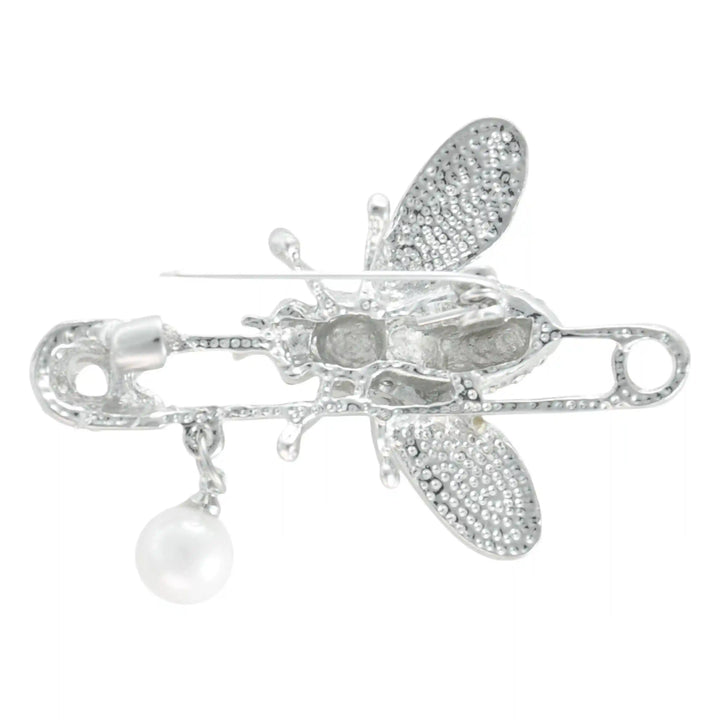 Ani Accessories silver insect-style pearl safety pin brooch backside on white background, perfect for parties & weddings.