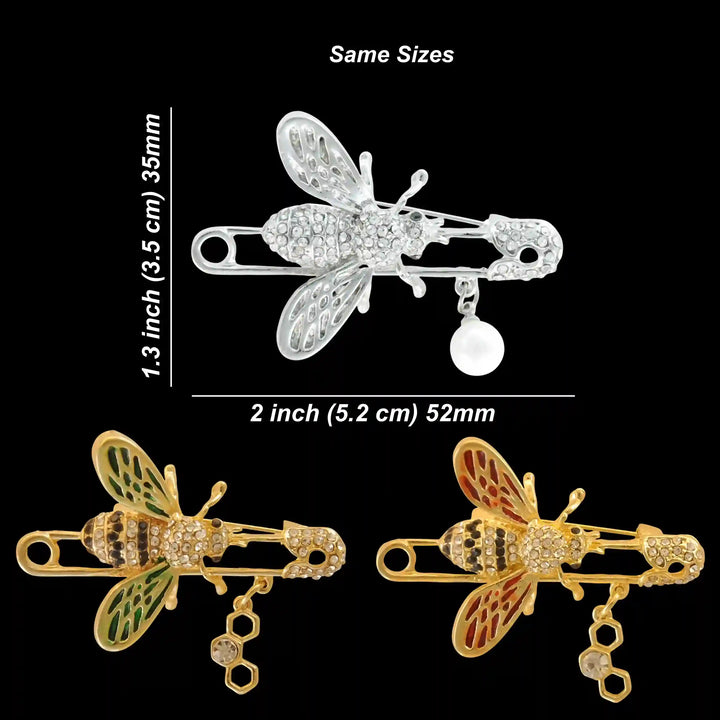 Ani Accessories Three bee-style safety pins in different colors with size measurements displayed on a black background.