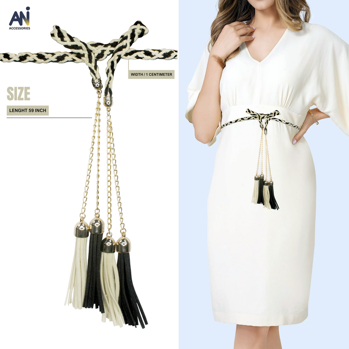 Off-white and black Braided Tassel Cord belt