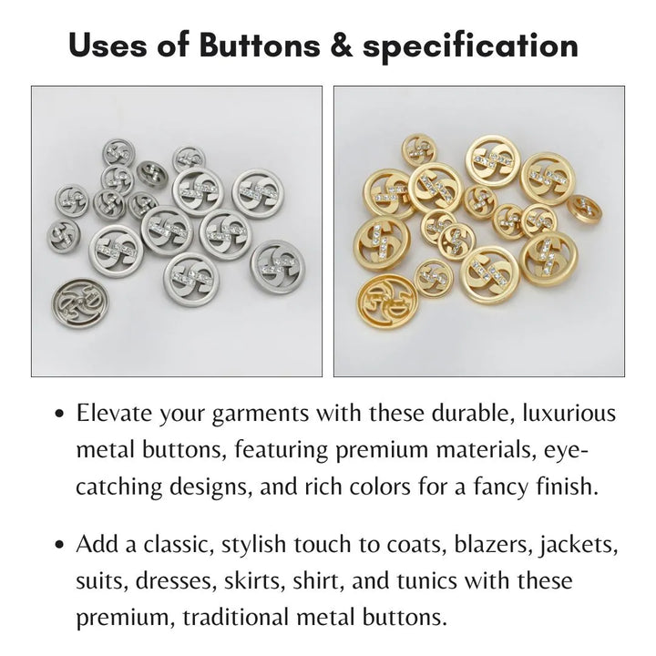 Dollar Style Rhinestone Metal Buttons | 15mm(24L) & 23mm(36L)