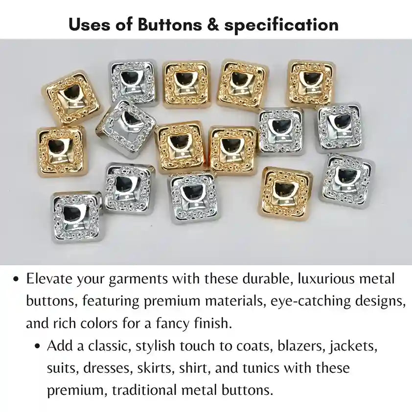 Square Metal Buttons | 15mm(24L),18mm(28L) & 20mm(31L)