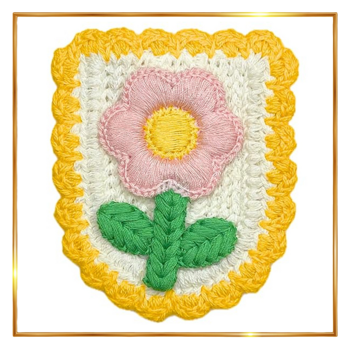 Pink Flower with Green Leaves Crochet Sew Patch With Shield