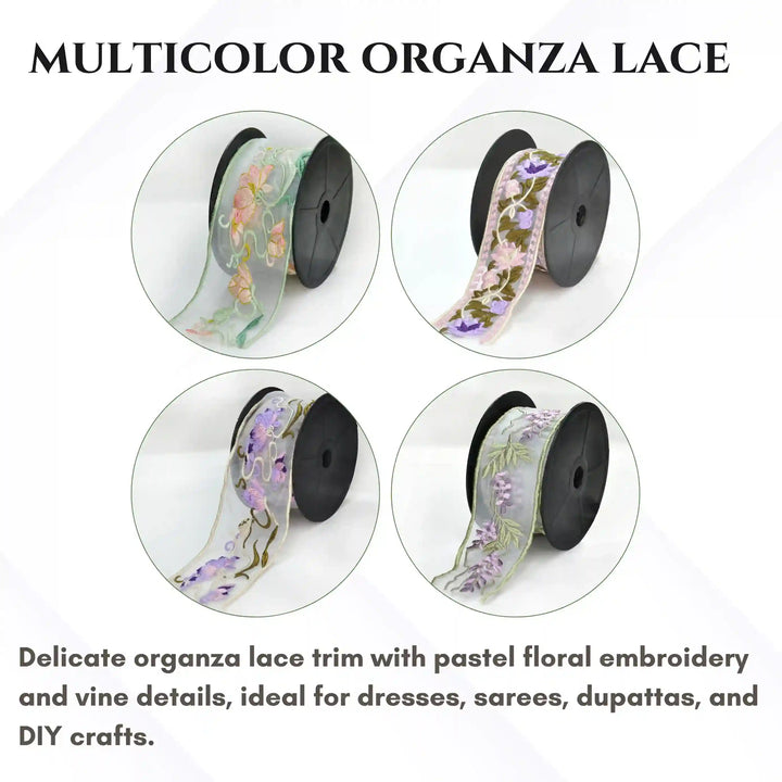 Lavender Organza Parsi Gara Embroidery Lace | 2 Meters