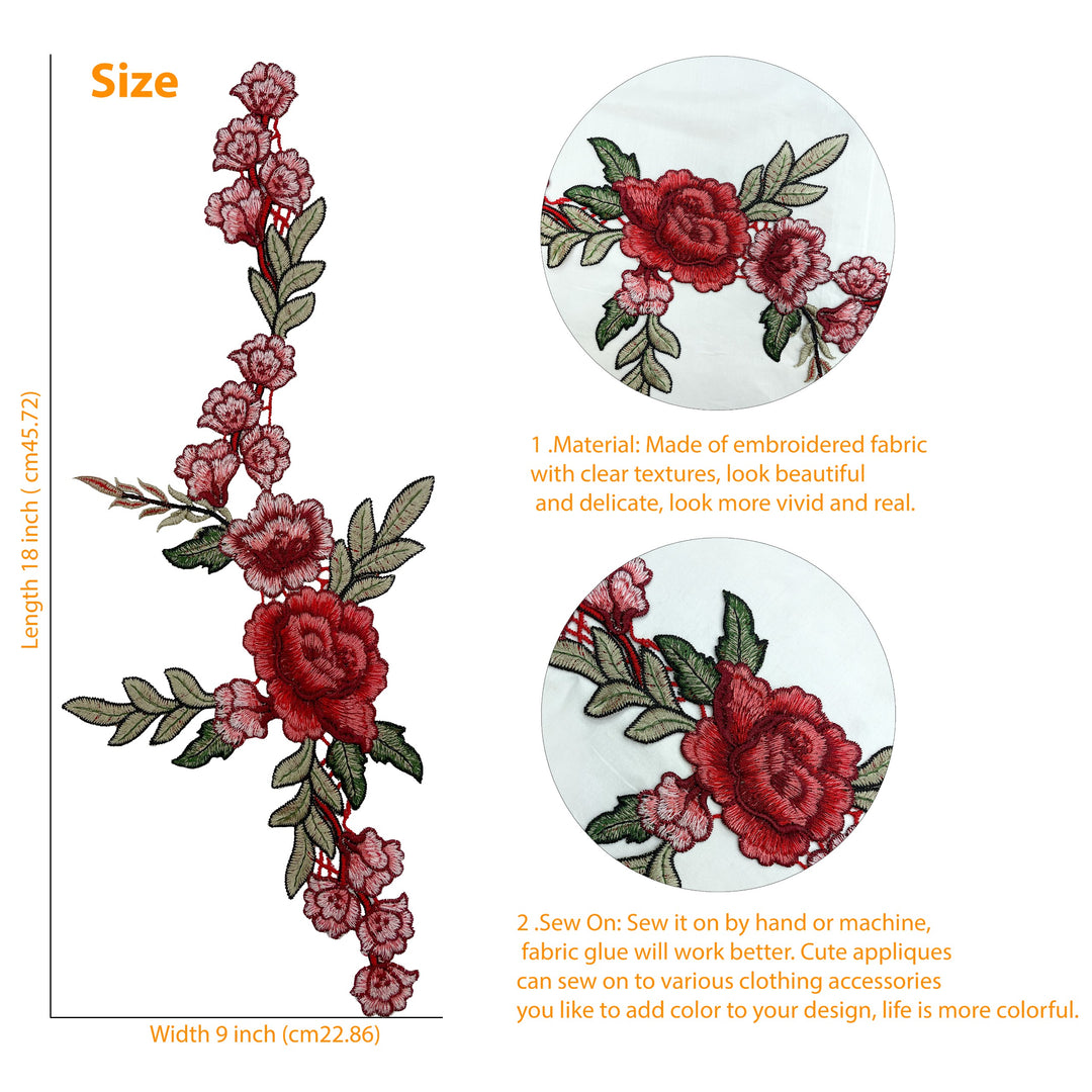 2 Piece Elegant Rose Flower Embroidery Sew Patch for Clothing & Home Decor