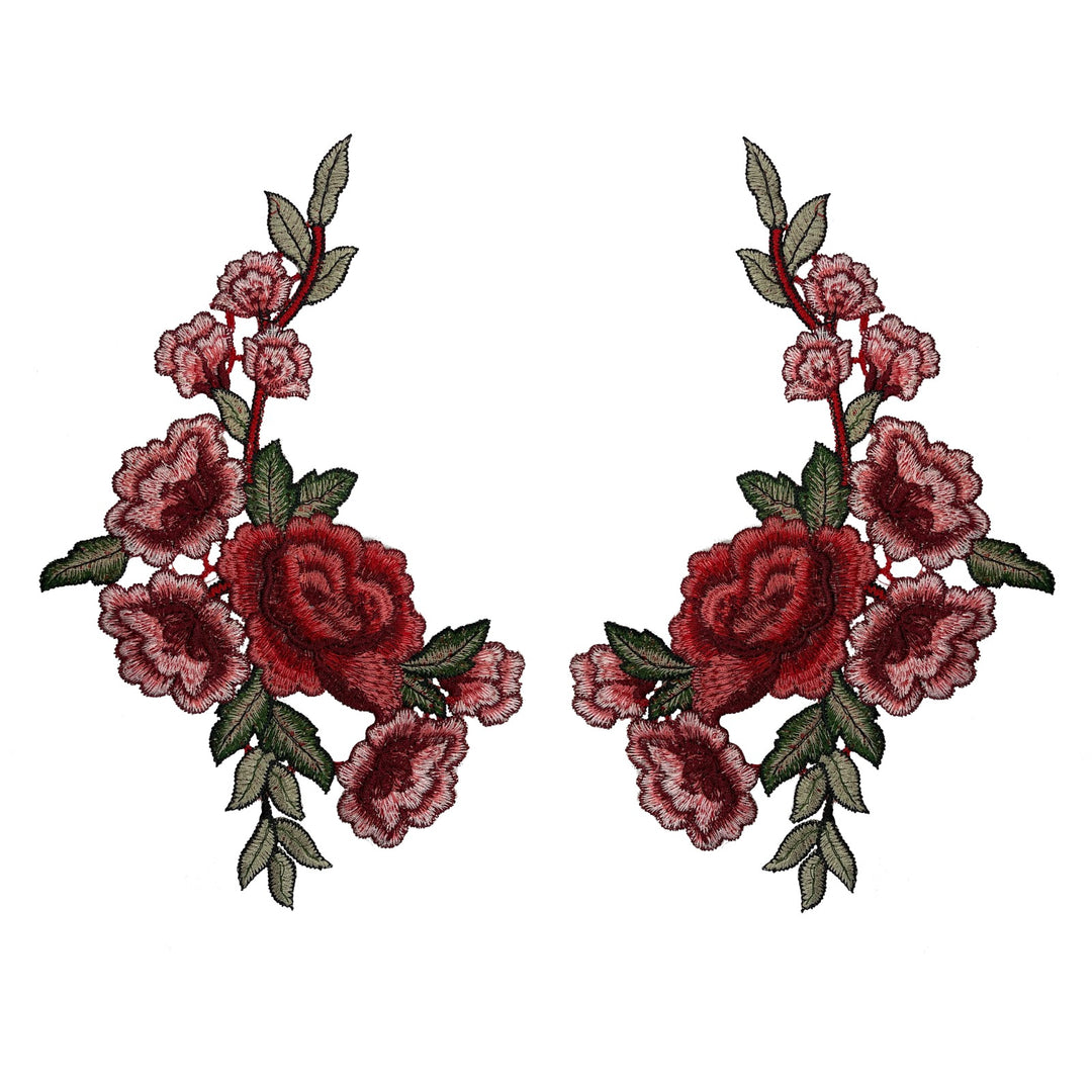 Two Piece Red Rose Flower Embroidered Sew On Applique Patch