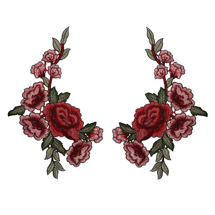Two Piece Red Rose Flower Embroidered Sew On Applique Patch