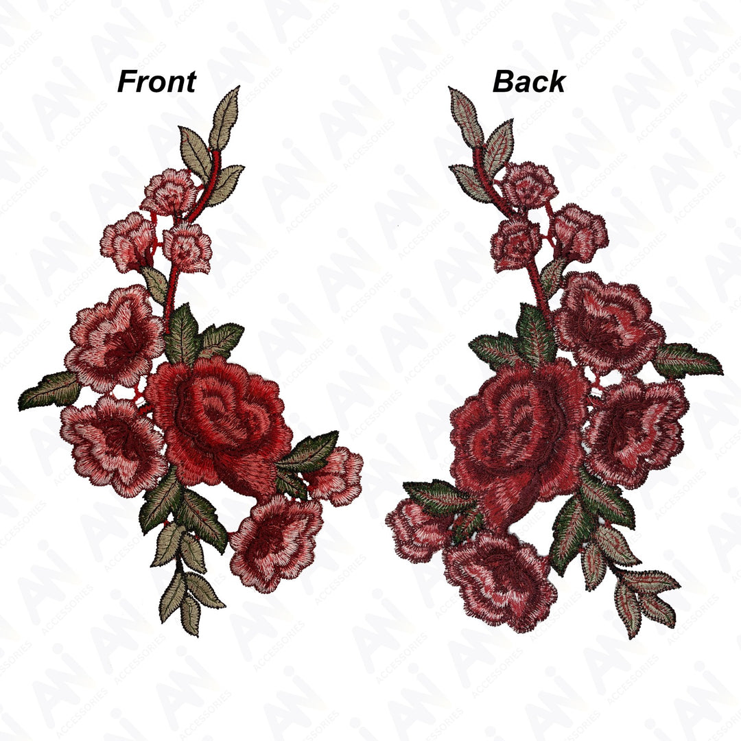 Two Piece Red Rose Flower Embroidered Sew On Applique Patch