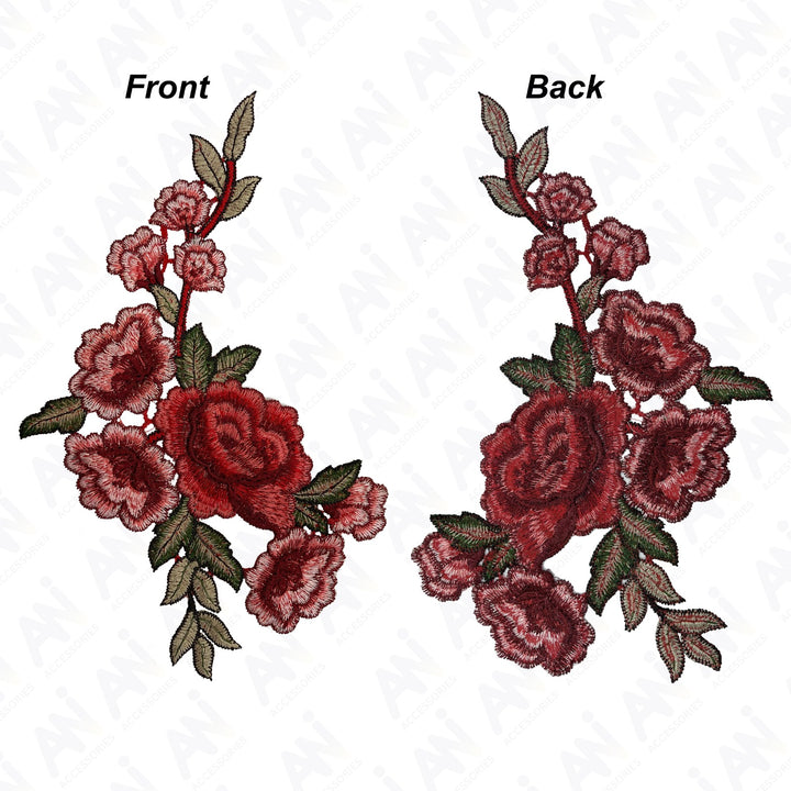 Two Piece Red Rose Flower Embroidered Sew On Applique Patch