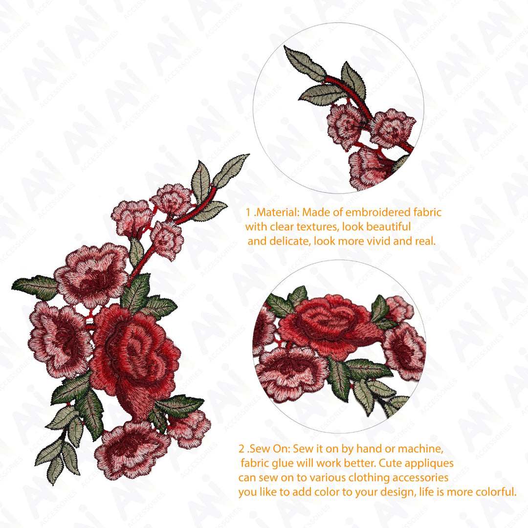 Two Piece Red Rose Flower Embroidered Sew On Applique Patch