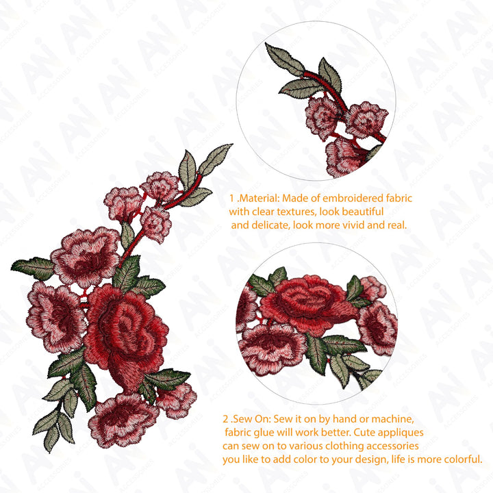 Two Piece Red Rose Flower Embroidered Sew On Applique Patch