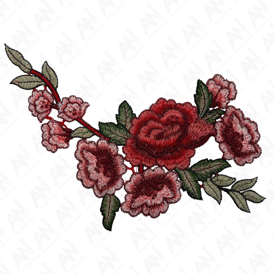 Two Piece Red Rose Flower Embroidered Sew On Applique Patch