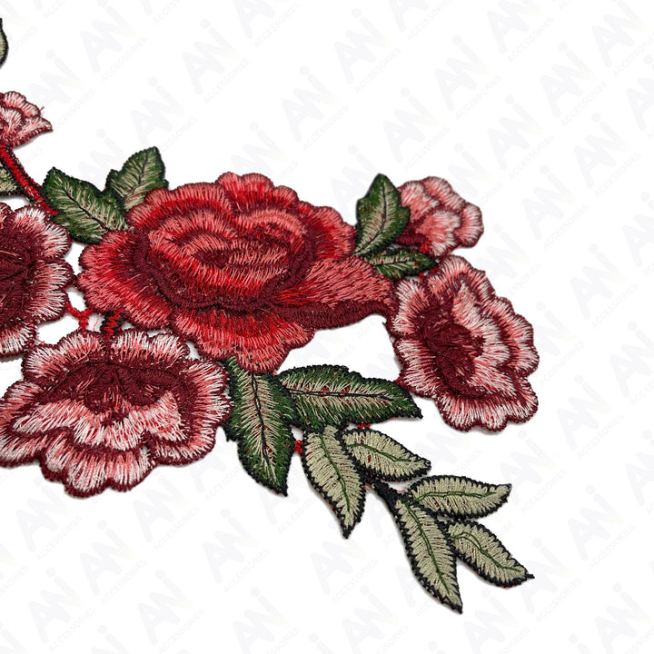 Two Piece Red Rose Flower Embroidered Sew On Applique Patch