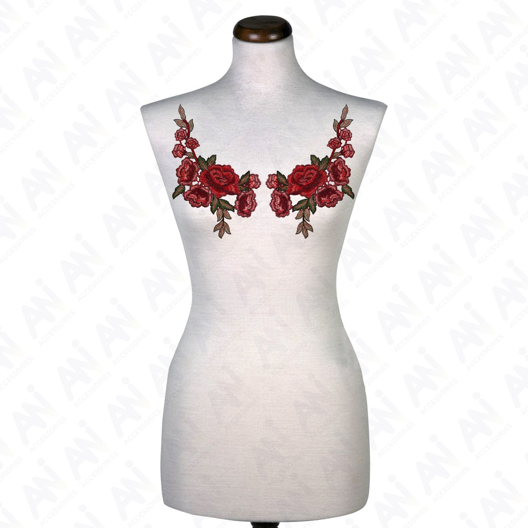 Two Piece Red Rose Flower Embroidered Sew On Applique Patch