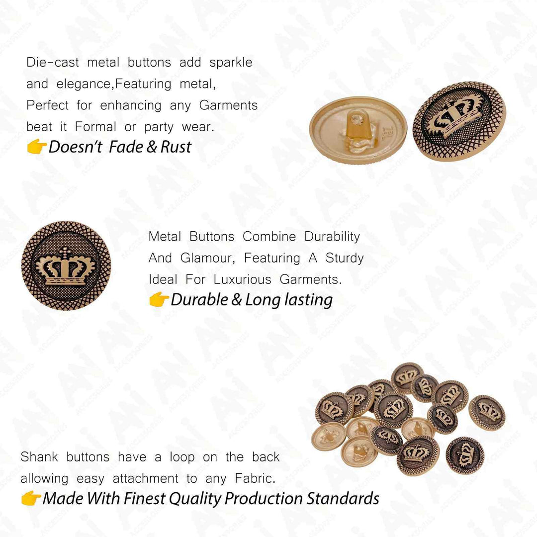 Regal Elegance Crown Metal Buttons | 18mm(28L) & 20mm(32L)