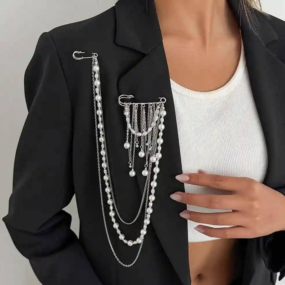 Layered Chain Brooch for Blazer – Pin Tassel Brooch