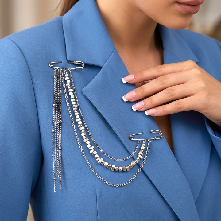 Silver Nugget Chain Safety Pin Brooch