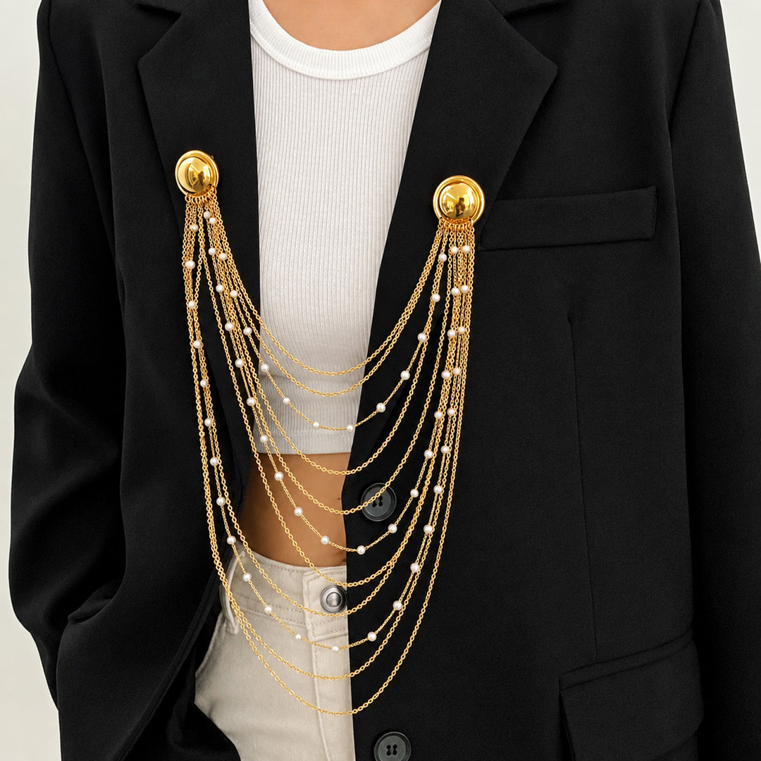 Layered Pearl Chain Brooch with Dome Pins – Gold & Silver