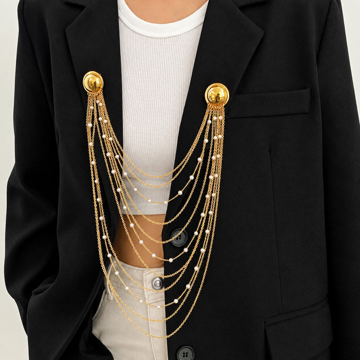 Layered Pearl Chain Brooch with Dome Pins – Gold & Silver