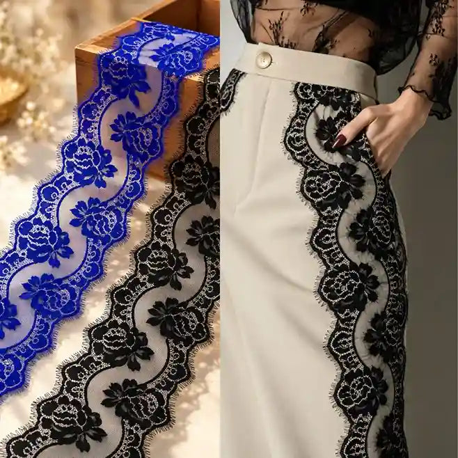 Floral Royal Blue & Black French Lace (Chantilly Lace), 18 cm (3 Metres)