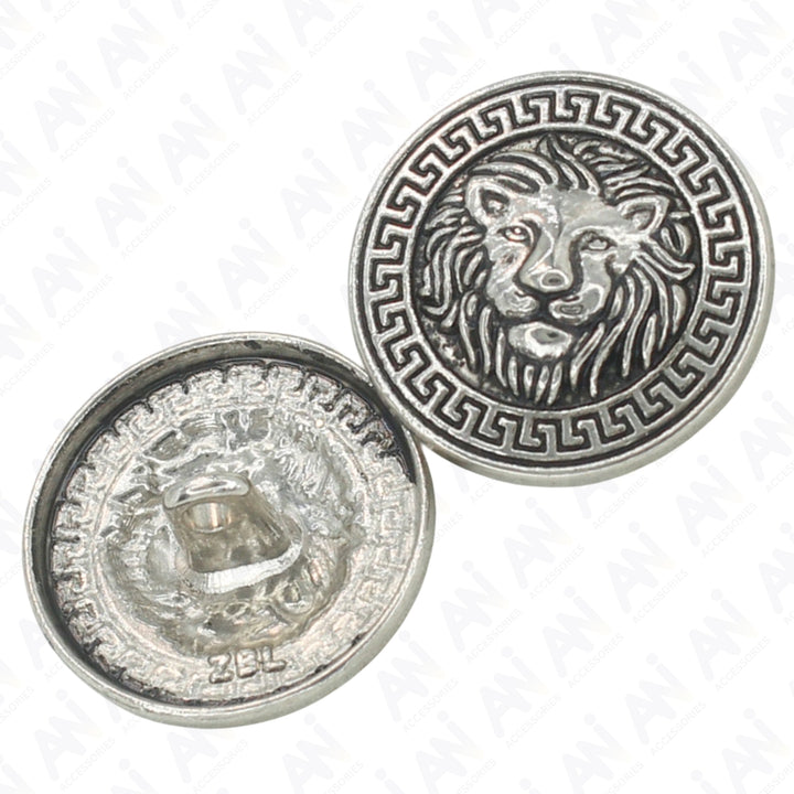 Silver Lion Head Button with Greek Key Border