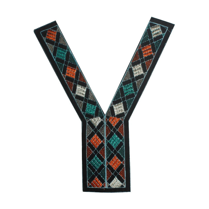 Y shape embroidery multicolor V neckline yoke with intricate threadwork, elegant finish, ideal for ethnic dresses