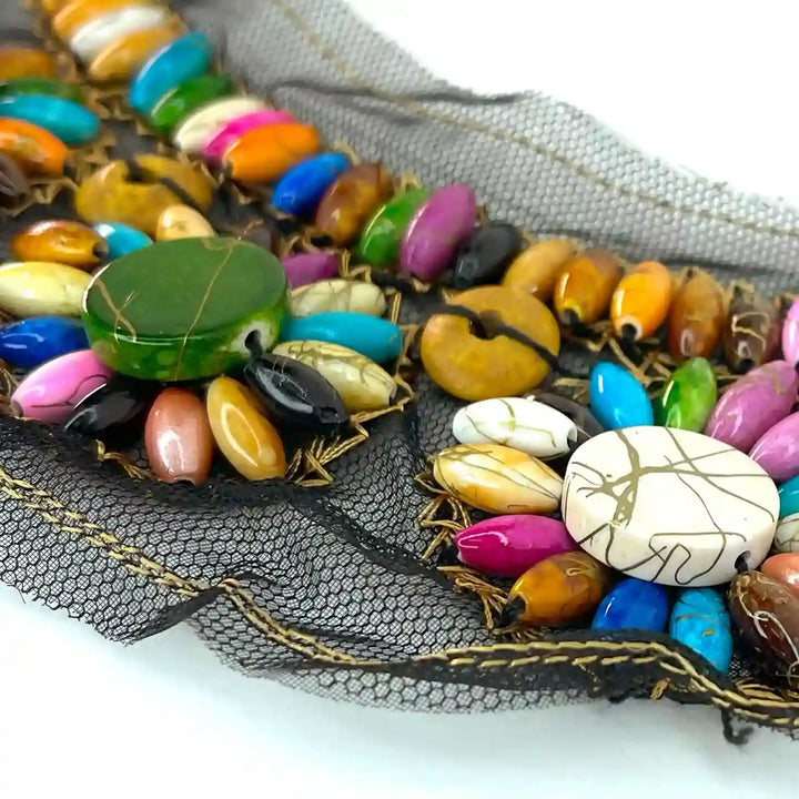 Boho Multicolor Wood Beaded Round Neckline