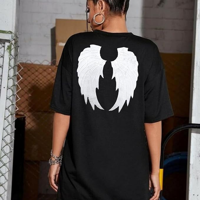 ANI Accessories large angel wings back patch on a black t-shirt, back view 
