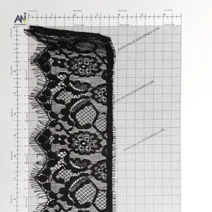 Black Floral Lace Trim Eyelash for Sewing & Crafts | Ani Accessories on a grid pattern background