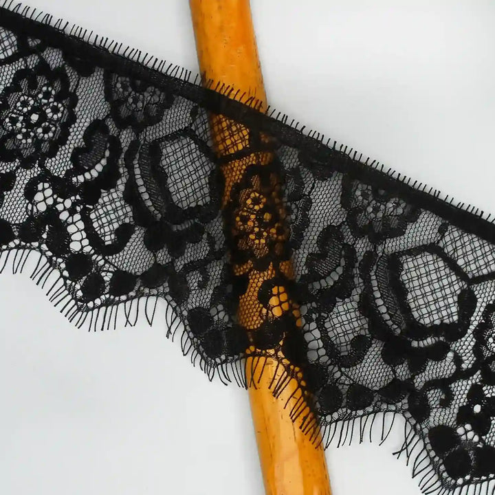 Black Floral Lace Trim Eyelash for Sewing & Crafts by Ani Accessories featuring intricate floral designs