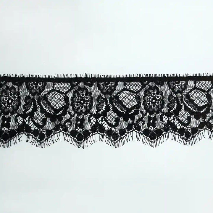 Black Floral Lace Trim Eyelash for Sewing & Crafts | Ani Accessories with delicate floral patterns and scalloped edges