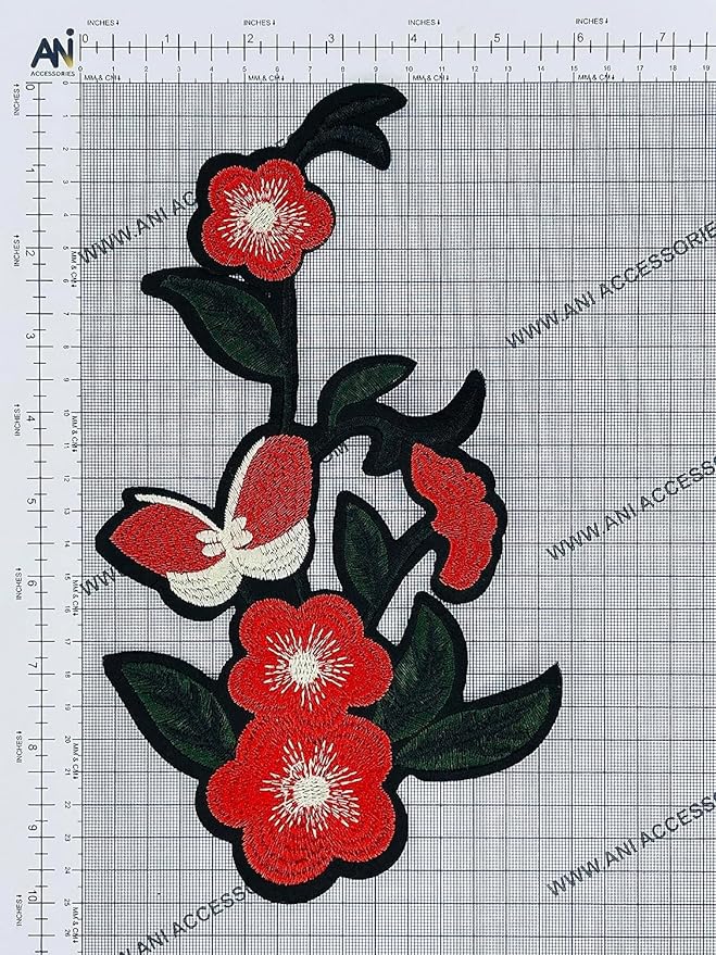 Ani Accessories Cherry blossoms Butterfly Patch for Suit & Outfits featuring vibrant red flowers and intricate butterfly design