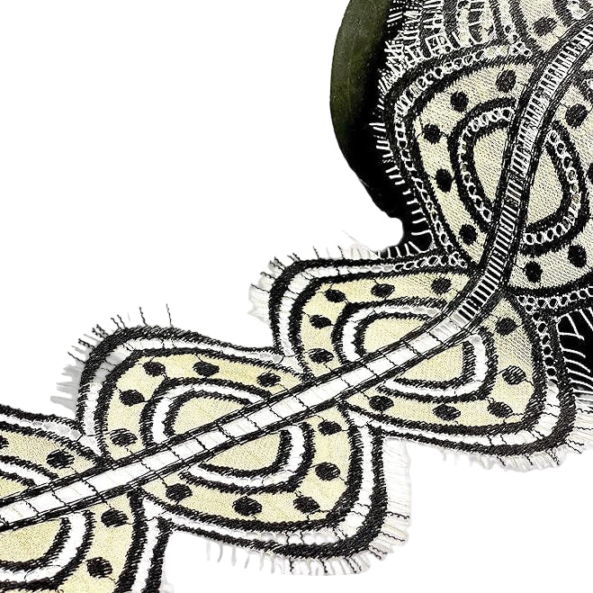 Ani Accessories Decorative Black and White Fabric Trim with intricate pattern and fringe detailing