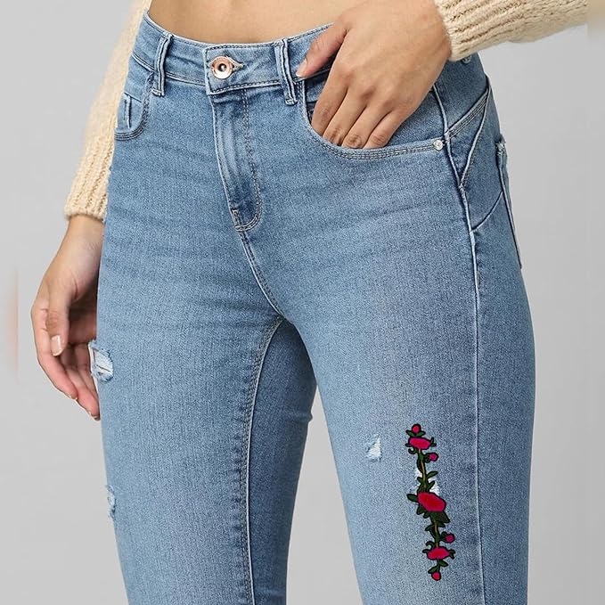 Ani Accessories Embroidery Red Lily Flower Patch on distressed blue jeans for women's clothing