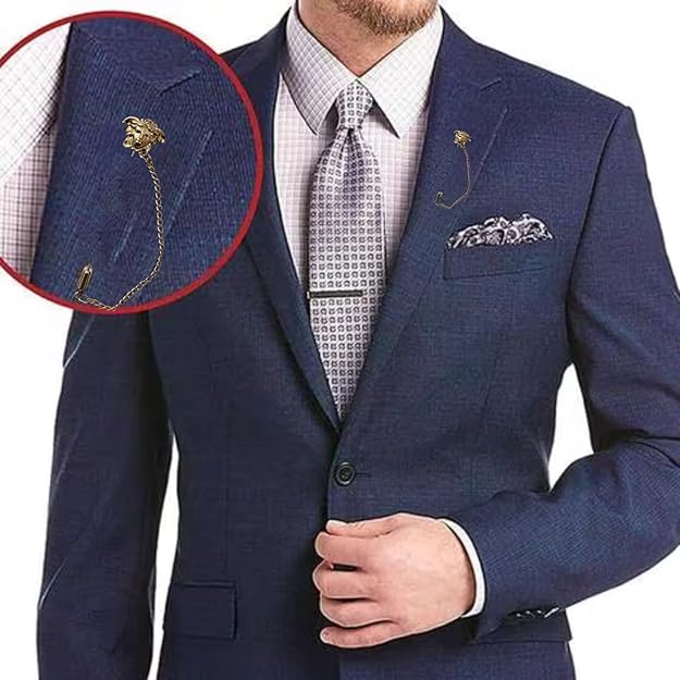 Elegant Ani Accessories men's brooch in gold, adding sophistication to a tailored suit jacket