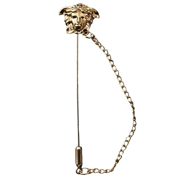 Ani Accessories men's brooch featuring a golden medusa head design with a chain for secure attachment